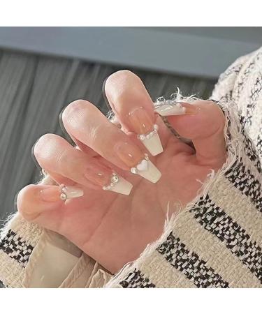 French Tip Press on Nail Long peach White Rhinestones Stick on Nail False Fake Nail with Glue for Women Girl Nail Art Press On Nails - Buy Online on GoSupps.com