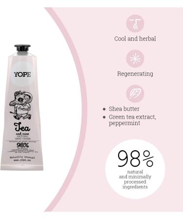 YOPE Crema Mani | Burro Di Karite | Oli di Argan Coconut and Olive | Nourishing | Soothing | Calming | Irritating | 98% Natural Ingredients | Vegan Formula | Tea & Mint | 100ml - Buy Online on GoSupps.com
