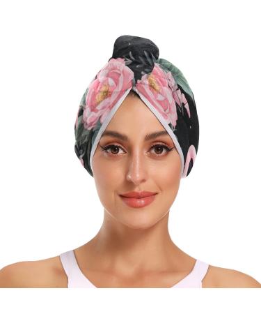 Flamingo Floral Black Hair Towel 2 Pack Super Absorbent Hair Drying Towel Quick Dry Hair Turbans Head Towel with Button Twisty Wrap for Women Girls