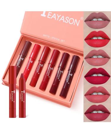 6 Colors Matte Lipstick Set Waterproof Long Lasting Lip Liner Moisturizing Lip Pencil Lipstick with Gift Box (6Colors/Set)