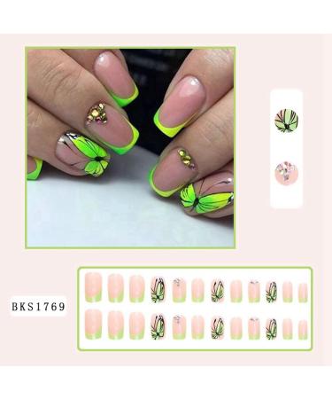 Qyrugcxs French Butterfly False Nails Long Coffin Nail Tip Detachable Press on Nails DIY Manicure Glitter Diamond Nails - Buy Online on GoSupps.com