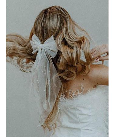Vakkery Bridal Hair Bow Veil White Tulle Bow Hair Clip with Pearl Wedding Bachelorette Party Decoration Hair Accessories for Women - Buy Online on GoSupps.com