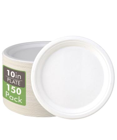 Vplus 150 Pack Compostable Disposable Paper Plates 10 inch Super Strong Paper Plates 100% Bagasse Natural Biodegradable Eco-Friendly Sugarcane Plates(white) 10 in White
