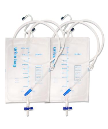 Urinary Drain Bags 2000ml Extra Large Extra Length Tubing Unisex Emergency Medical Drainage Bags Anti Reflux Valve Metal Hook (2 pack)