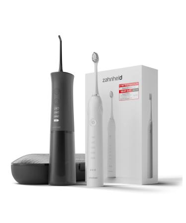 Zahnheld super set electrical sound toothbrush Gero + oral shower Aquadent |including brush head & travel case |Effective tooth cleaning + interdental cleaning black and white