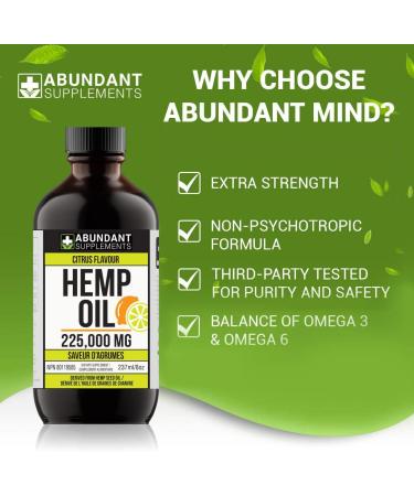 Citrus Flavour Hemp Oil 225 000 Mg (8 oz ) Extra Strength Formula Helps Treat Inflammation & Pain Relief - Derived Hemp Seed Oil Rich in Antioxidants Improves Skin Health & Sleep Non-GMO Omega 3 6 9 Balance Oil Made in Canada - Buy Online on GoSupps.com