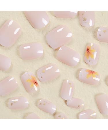 Thanksgiving Press on Nails | Pink Short Fake Nails with Gold Foil & Maple Leaves | Autumn Acrylic Nail Art for Women & Girls - Buy Online on GoSupps.com