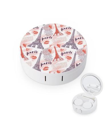 Paris Eiffel Tower Kisses Hearts Round Case For Contact Lens Kit Storage Box with Mirror Printed