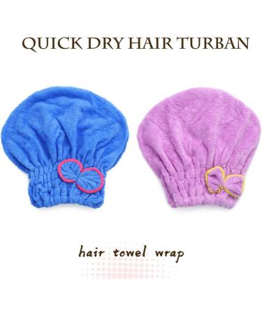Haomye Microfiber Hair Drying Towel Set with Bow-Knot Shower Cap - Quick Dry Hair Turban for Women and Girls - 2Pcs (Blue & Purple) - Buy Online on GoSupps.com