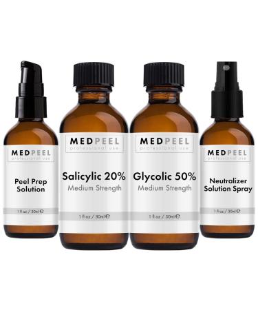 MedPeel Alpha & Beta Hydroxy Acid Essential Peel Kit 20% Salicylic and 50% Glycolic Includes 2 Peels Prep and Neutralizer Medium Strength Chemical Face Peels 1oz/30ml (Kit of 4)