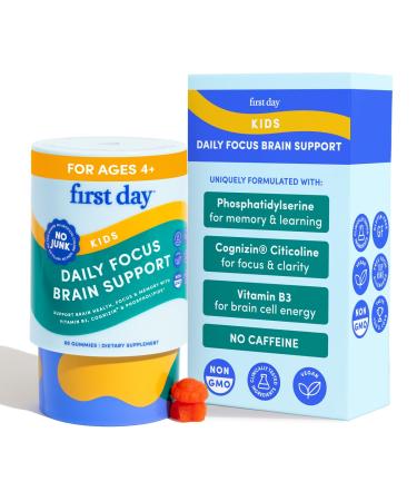 FIRST DAY Kids Focus & Brain Supplement Gummies Ages 4+ | Attention & Calm Support with Cognizin Citicoline & Phosphatidylserine | Organic, Vegan | 30-Day Supply