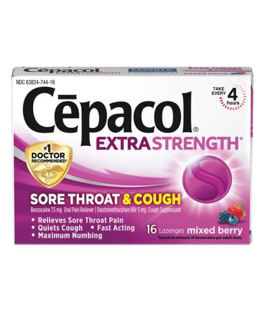 Cepacol Extra Strength Sore Throat Relief Lozenges, Mixed Berry Cough Drops, Maximum Numbing- Fast Acting Sore Throat & Canker Sore Relief with Dextromethorphan & Benzocaine, 16 Count MIXED BERRY 16 Count (Pack of 1)