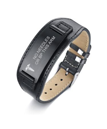 VNOX Personalized Medical Symbol Wide Black Genuine Leather ID Tag Adjustable Wristband Bracelet for Men 6.7"-8.7" Black-Style B no needles or bp this arm