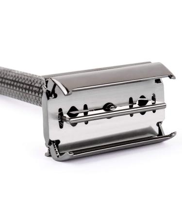 QSHAVE Butterfly Open Long Handle Double Edge Safety Razor Set - Nostalgic Design - Men and Women - 1 Razor + Leather Sleeve + 5 Titanium Coated Blades - Buy Online on GoSupps.com