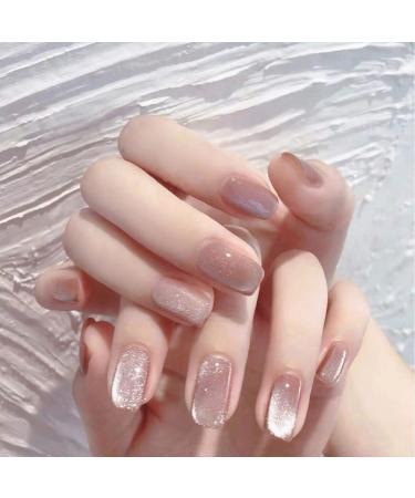 Press on Nails Cat Eye Effect Glossy Full Cover Short Almond False Nails for Women and Girls 24 Pcs Acrylic Nail Tips with Adhesive Tabs L74-False