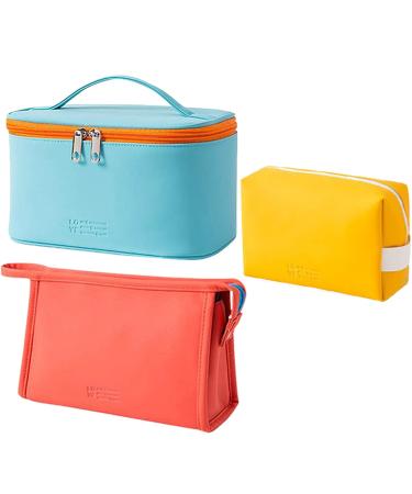 AUSEKALY Makeup Bag Cosmetic Bag For Women Travel Make Up Bag for Girl 2PCS Cute Large Makeup Bag With Brush Bag + Small Cosmetic Bags Blue Orange Yellow Blue, Orange Yellow