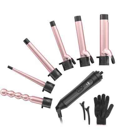 6-IN-1 Curling Iron, Professional Curling Wand Set, Instant Heat Up Hair Curler with 6 Interchangeable Ceramic Barrels (0.35'' to 1.25'') and 2 Temperature Adjustments, Heat Protective Glove & 2 Clips Rose Gold