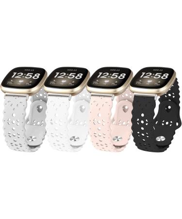 OHCBOOGIE 4 Pack Sport Bands Compatible with Fitbit Versa 3/Fitbit Sense Bands for Women, Soft Silicone Lace Hollowed-out Strap for Fitbit Versa Smart Watch,Black/White/Fog/Pink Sand Black/White/Fog/Pink Sand For Versa 3/F…