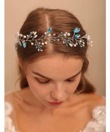 Deniferymakeup Women Pearl Wreath Light Blue Crystal Hair Vine Rhinestone Wedding Hair Accessory Gift for Her Party Headpiece for Bride Bridesmaid Girls - Buy Online on GoSupps.com