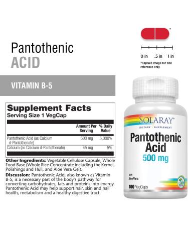 SOLARAY Pantothenic Acid 500mg | Vitamin B-5 for Coenzyme-A Production & Energy Metabolism | 100 VegCaps - Buy Online on GoSupps.com