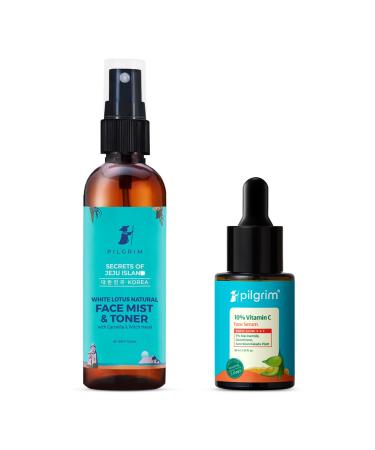 Pilgrim Vitamin C Radiance & Refreshing Combo: 10% Vitamin C Serum & Korean White Lotus Face Mist & Toner | Brightens Skin | Deep Hydration | Triple Glow+++ | Refreshes & Nourishes