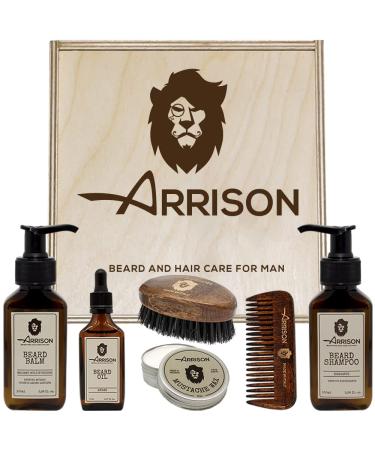 Arrison Beard Bart Kit Made in Italy + birch wood box with shampoo conditioner wax beard oil - comb and brush made of beech wood and wild boar bristles Bart Kit 6stk