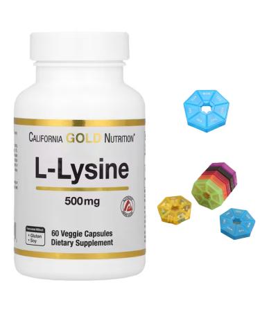L-Lysine Compatible With California Gold Nutrition 500 mg 60 Veggie Capsules + Bonus Pill Organizer Weekly Pill Organizer Mini