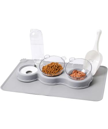 LKSTK Triple Cat Bowl with Waterproof Mat and Scoop, 15Tilted Raised Cat Food Bowl, Pets Water and Food Bowl Set with Automatic Water Bottle, Wet and Dry Food Bowl for Cat & Small Dog Silver Grey