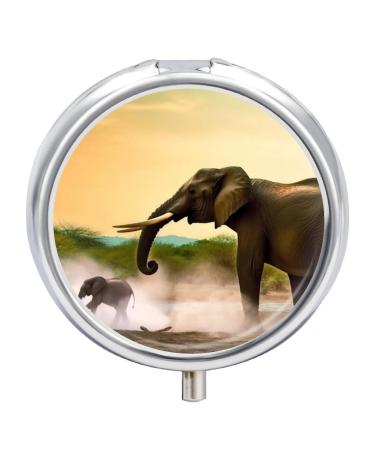 Round Pill Box Africa Elephant Print 3 Compartment Medicine Pill Case Print Pill Organizer Decorative Metal Portable Pill Box Pocket Pill Box Style