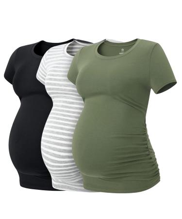 LAPASA Women's Maternity Tops Soft Modal Cotton Pregnancy Tshirts Side Ruched Crew Neck Short Sleeve Tees L55 L Black+heather Gray Stripe+olive Drab