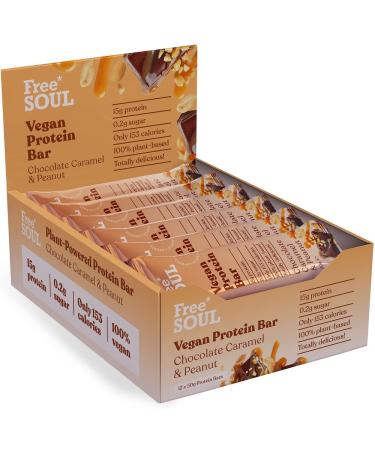 Free Soul Vegan Protein Bar | Plant Based Chocolate Protein Bar | High Protein Dairy Free Low Sugar Low Carb Sucralose Free Palm Oil Free | 12 Count (Chocolate Caramel & Peanut) Chocolate Caramel & Peanut 12 Count (Pack of 1)