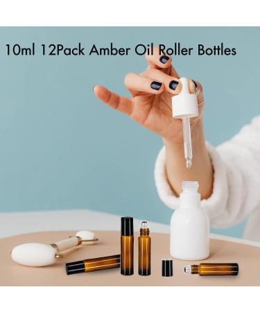 12 Pack 10ml Amber Glass Essential Oil Roller Bottles with Stainless Steel Roller Balls and Accessories | Labels, Openers, Funnels, Droppers Included - Buy Online on GoSupps.com