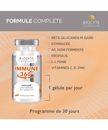 BIOCYTE Immune 360 - Immune System & Natural Defense - Vitamins C D Zinc Echinacea Black Garlic Propolis L-lysine - Dietary Supplement 30 capsules - Vegetarian Made in France - Buy Online on GoSupps.com