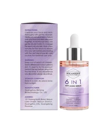 Solanique 6 in 1 Anti-Aging Face Serum with Hyaluronic Acid Peptides Collagen Vitamin E Reduces Fine Lines and Wrinkes Improves Skin Elasticity and Skin Texture Hydrating Plumps - Buy Online on GoSupps.com
