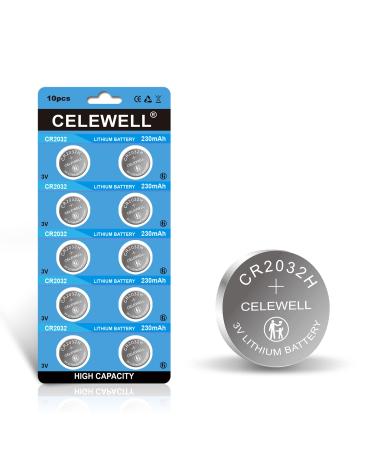 CELEWELL 10 Pack CR2032 Battery CR2032H 230mAh 3 Volt Lithium Battery 2032 ECR2032 Coin Button Cell -Not for Thermometer 5-Year Warranty 10pcs cr2032