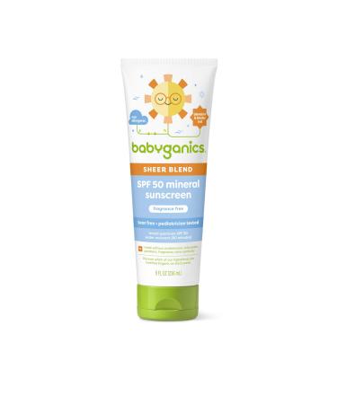 Babyganics SPF 50 Mineral Sunscreen Lotion Sheer Blend UVA UVB Protection Octinoxate & Oxybenzone Free Water Resistant Fragrance Free 8 oz