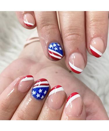 Independence Day Press on Nails Short 4th of July Fake Nails Almond Nail Tips USA Flag Stars Red White Blue Design Patriotic Acrylic Nails Nude Glossy False Nails Kits for Women Girls 24 Pcs