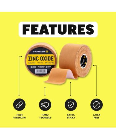 SPORTTAPE Tan Zinc Oxide Tape - 5cm x 10m | High Strength Athletic Tape for Blister Prevention | Sports Strapping Tape for Rugby, Gym, Weightlifting - 3 Rolls - Buy Online on GoSupps.com