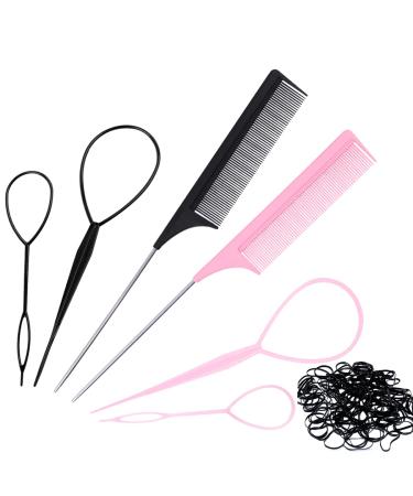 Hair Tail Tools  6 Pcs Topsy Hair Loop Styling Set  4 Pcs French Braid Tool Loop  2 Pcs Tail Braiding Combs  50 Black Rubber Bands