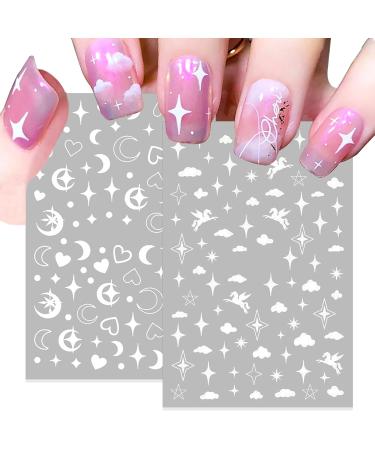 SILPECWEE 8 Sheets Self Adhesive Nail Stickers White Flower Star Heart 3D Nail Art Decals for DIY&Salon Nail Decoration Manicure Kit and 1Pc Tweezers NO1