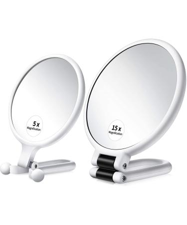 VISCAL 10x Magnifying Handheld Mirror and 5X Travel Makeup Mirror Double Sided Pedestal Makeup Mirror with 1/10x Magnification and 1/5x Travel Makeup Mirror