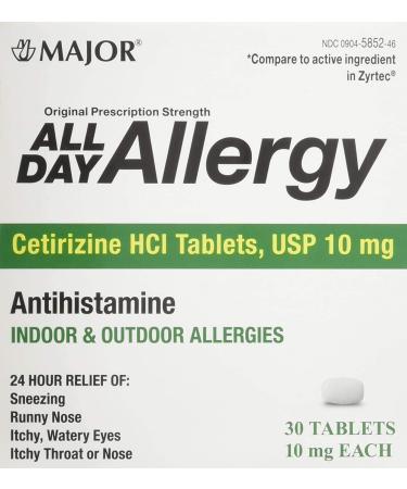 Major Cetirizine 10mg HCI Tabs All Day Allergies Antihistamine 30 Count