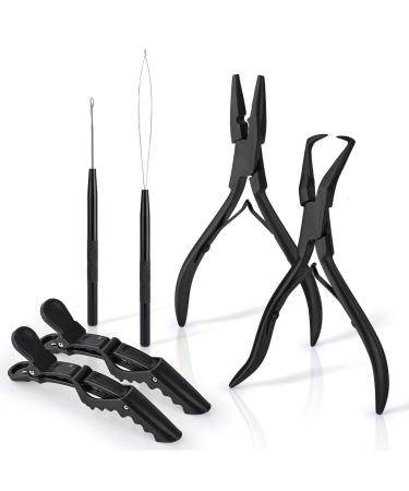 EHDIS Hair Extension Beading Tool Kit Stainless Steel Hair Extensions Micro link Bead Closer and Remover Pliers set  Beads Hair Pulling Hook & Micro Ring Loop Tool Set (Black)