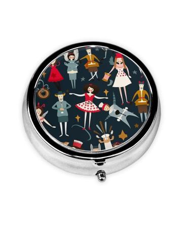 Women's Nutcracker Ballet Xmas Dance Portable Metal Pill Box Round Mini 3-Compartment Plastic Insert hinged Fastening Design Suitable for Small Pills Must-Have for Travel Black