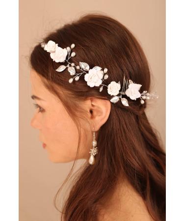 Deniferymakeup Flower Bride Wedding Hair Vine Comb Pearl Hair Accessories Leaf Bridal Headband Headpiece for Women and Girls (Silver)