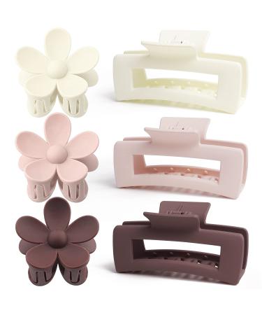 Hair Claw Clips Large 6 Packs Square Flower Hair Clips for Women Thick Thin Hair Matte 4.1 Inch 6 Packs 3 mixed colors square & flower
