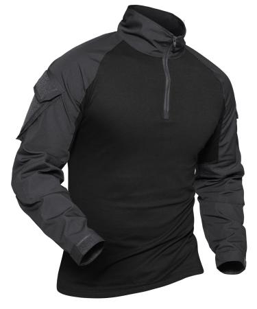 XKTTAC Hiking Shirts Tactical-Combat-Airsoft-Military-Shirt 1/4 Zip Long Sleeve Shirt with Pockets Black Large