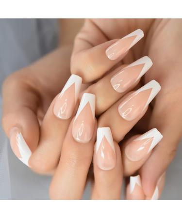 A N K 24 pieces Artificial Acrylic Long tip Manicure V shaped Coffin Bellarina False nails (white)