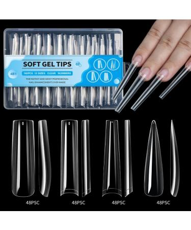 AJTUTUS 192x/Box Soft Gels Tips Extras Long Full Cover Tips Clear Tips Press On Ballerinas False for Salons