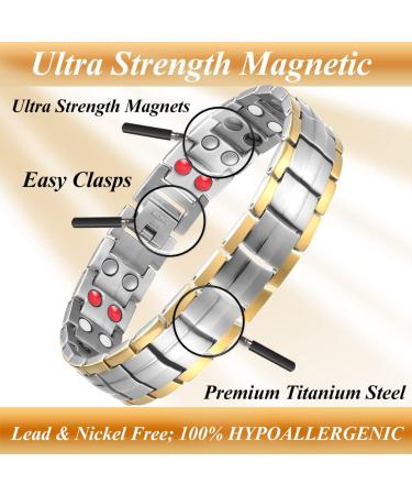 Vicmag Men Magnetic Bracelet | Titanium Steel Double Row 3500 Gauss Wristband | Adjustable & Gift Box Included | Silver Gold 4 Elements - Buy Online on GoSupps.com